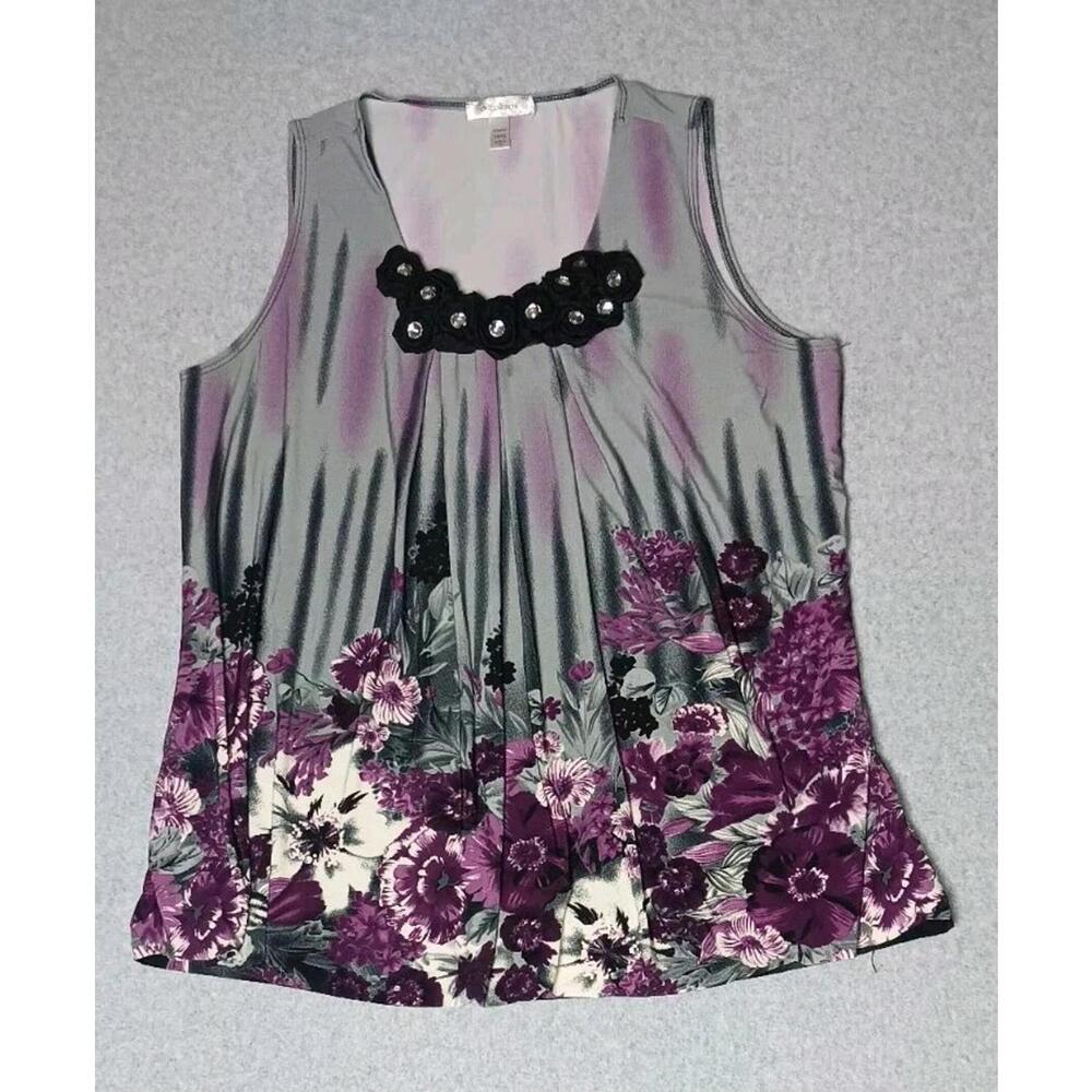 Dressbarn Sleeveless Blouse Womens Size 14/16 Floral Purple Gem Flowers Stretch - Picture 1 of 13